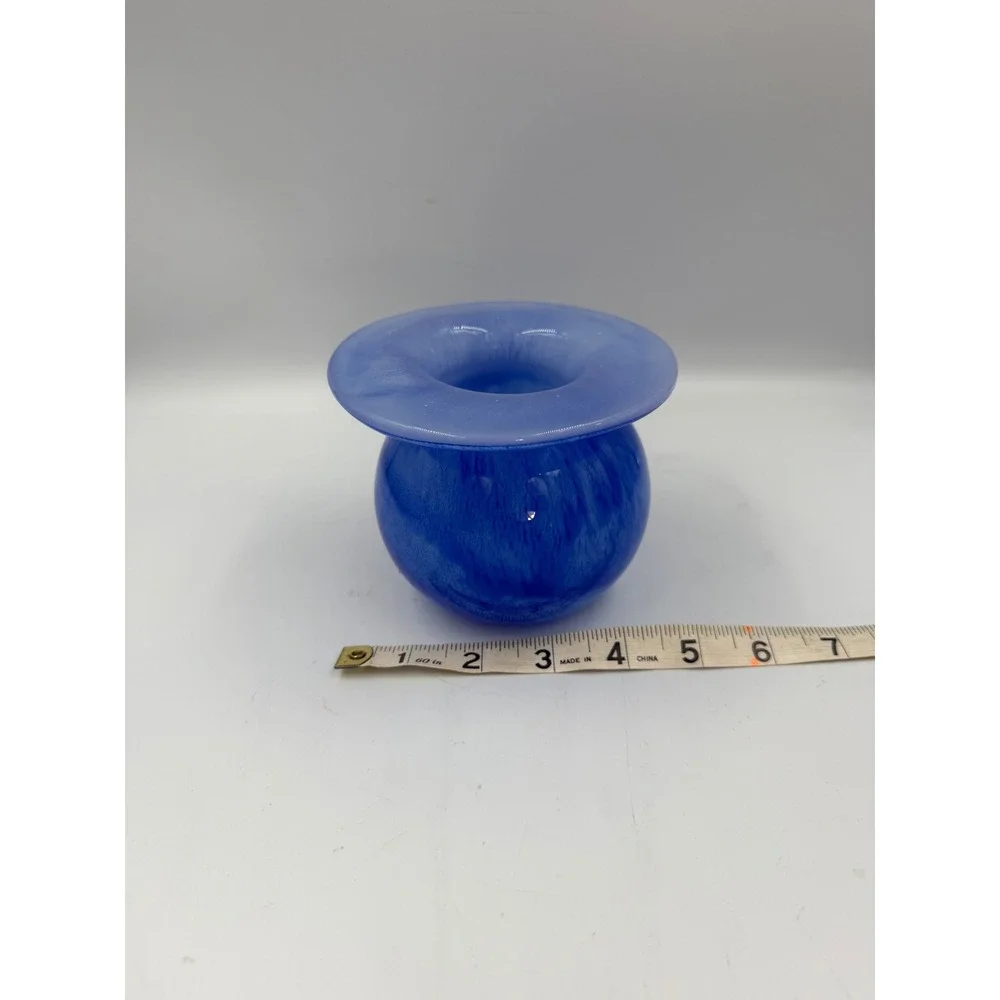 Abigail's Miss Ellie Blue Art Glass Bud Vase Squat Wide Rim 4.5